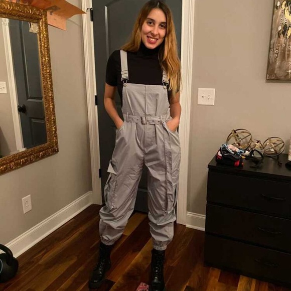 Stylish Silver Overalls Street Flap Pocket Side Belt Cargo Jumpsuit Without Top - Picture 7 of 9